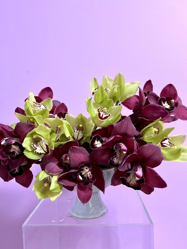 Flower arrangement with purple and green orchids