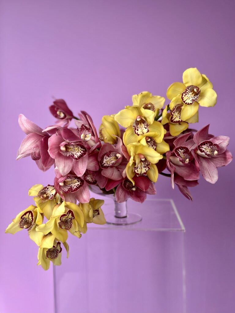 Flower arrangement with yellow and purple orchids