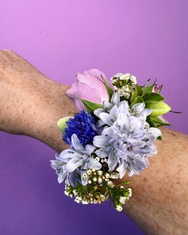 Corsage with purple rose and blue flowers